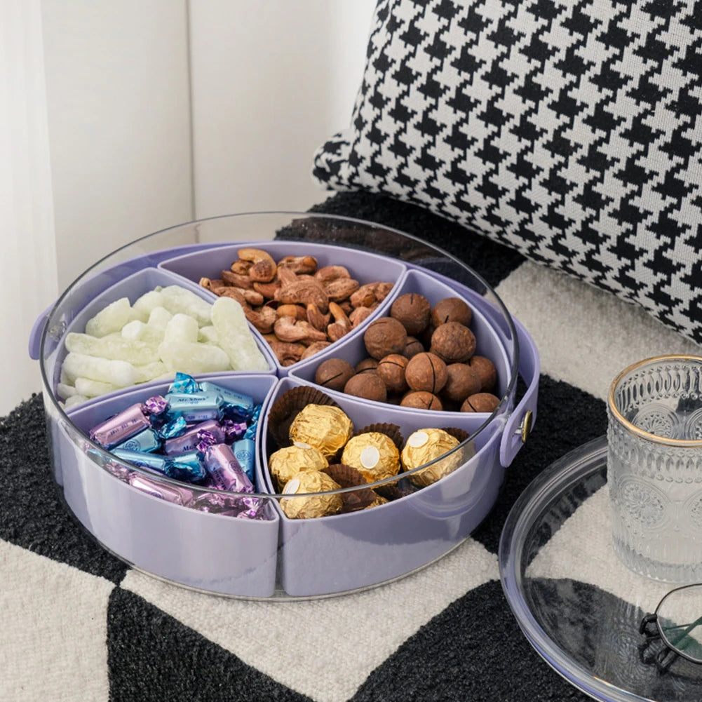 Round Clear Divided Serving Tray with Lid and Handle, Portable Snack Platters