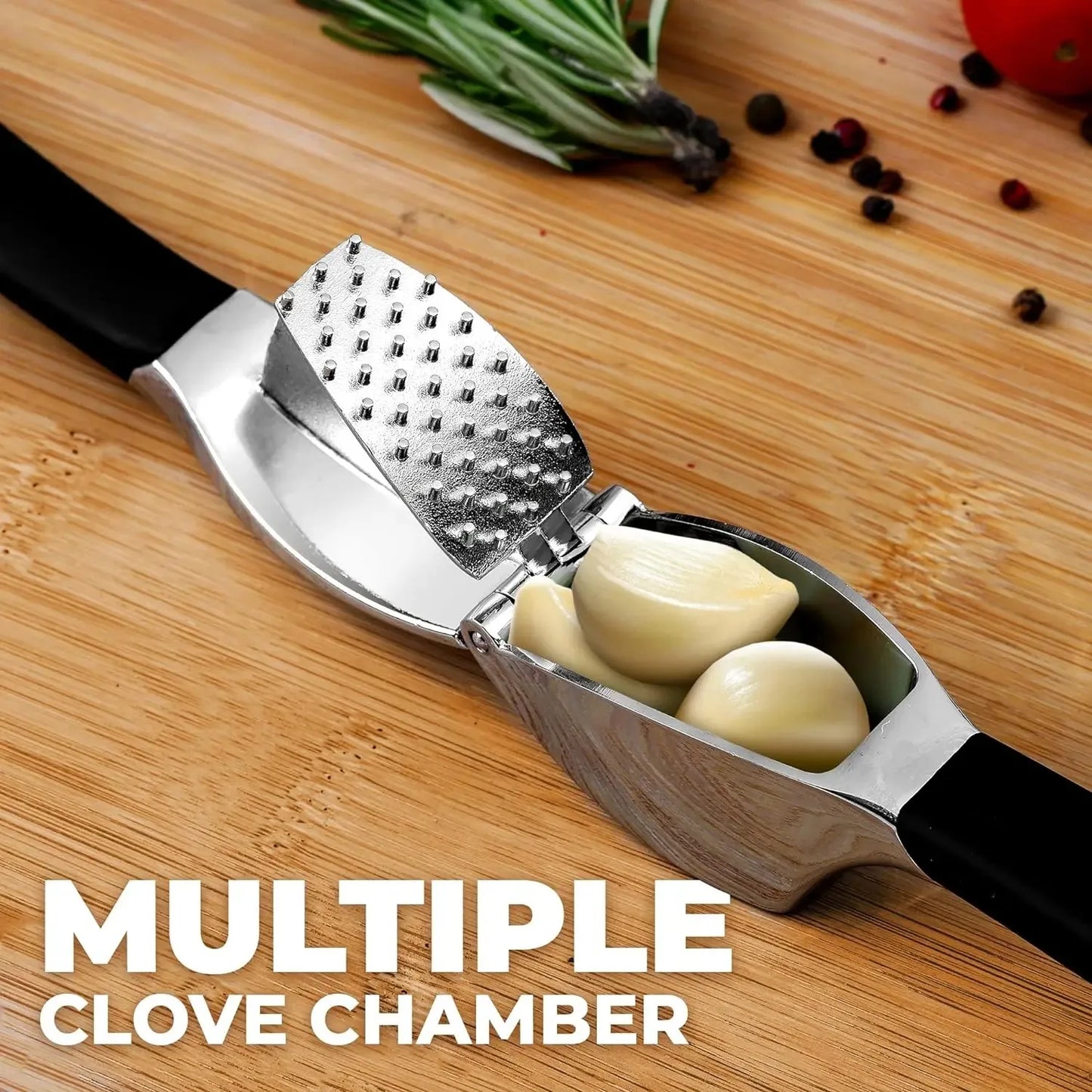 Durable Stainless Steel Garlic Press with Silicone Peeler & Cleaning Brush