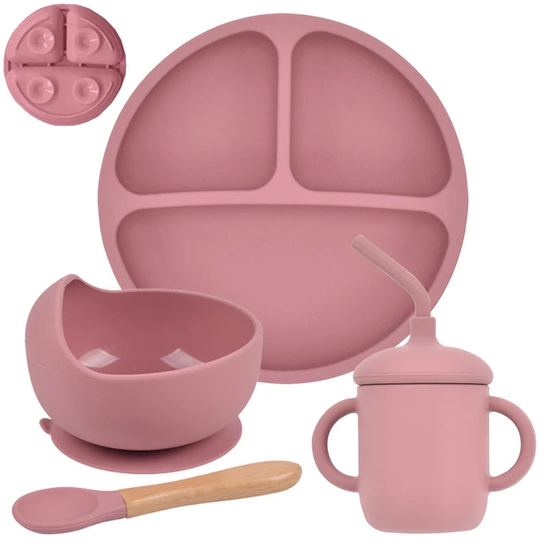 Silicone Baby Tableware Set – 4/5/6 Pieces with Suction and Wooden Utensils