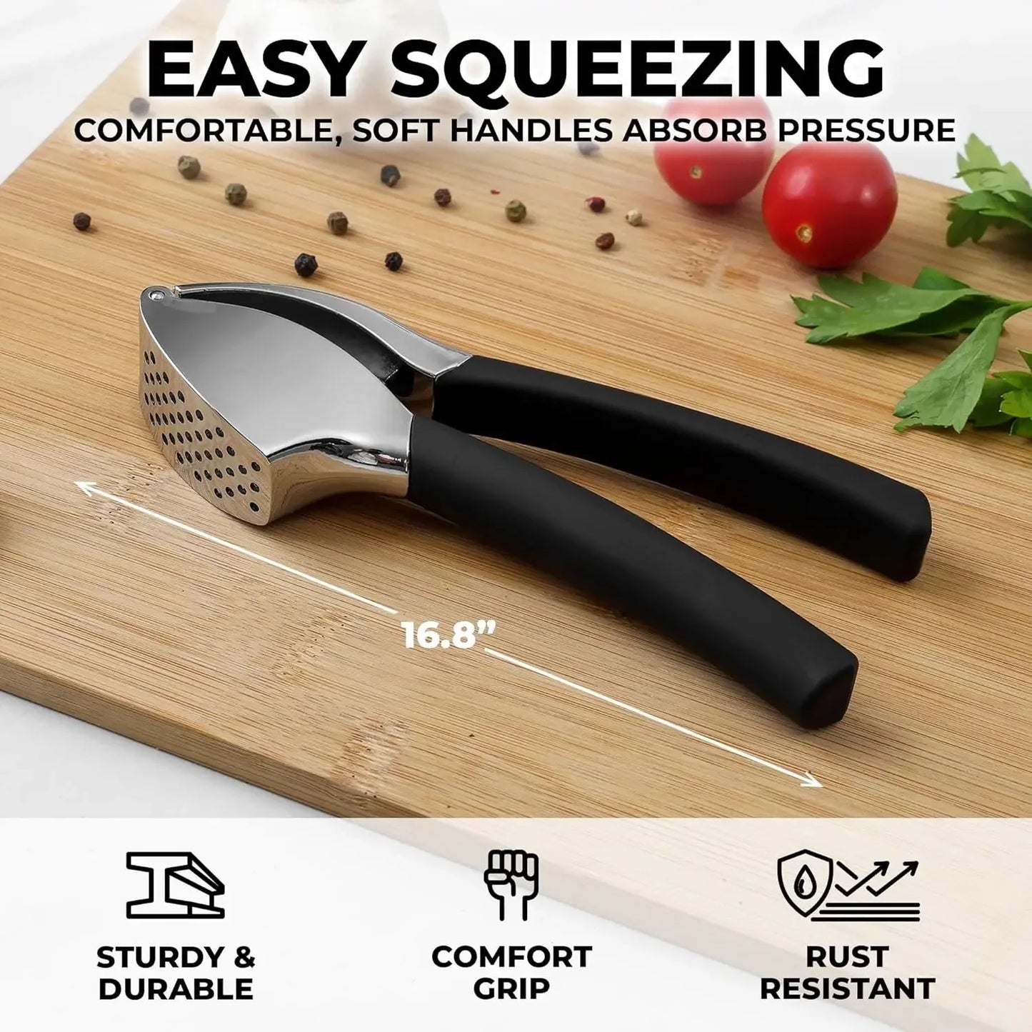 Durable Stainless Steel Garlic Press with Silicone Peeler & Cleaning Brush